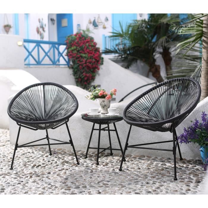 ACAPULCO - Salon de jardin 2 fauteuils oeuf + 1 table basse gris