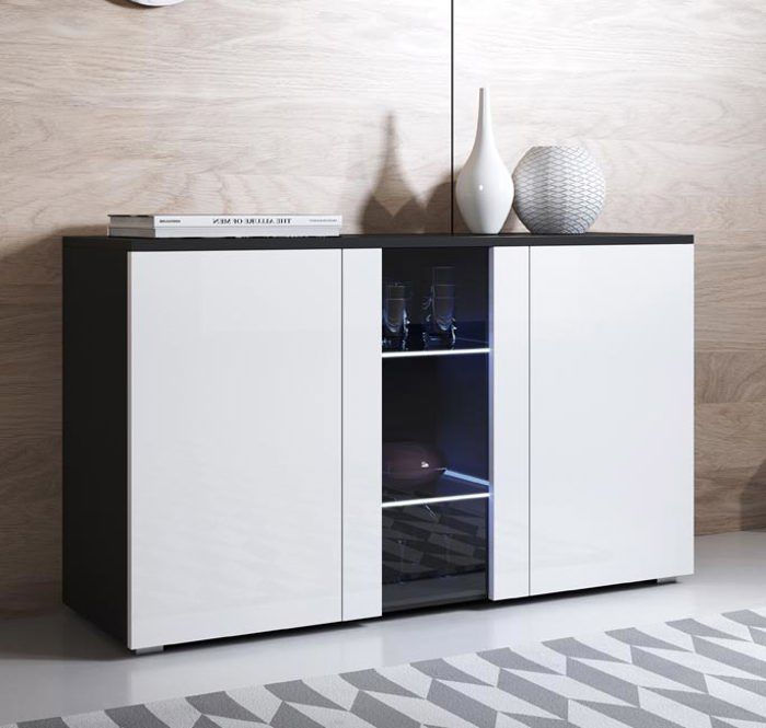 Buffet Bahut 3 portes 2 étagères vitrine LED 120 x 72 x 40 cm Couleur Noir et Blanc Finition Brillante Rangement LUKE A1