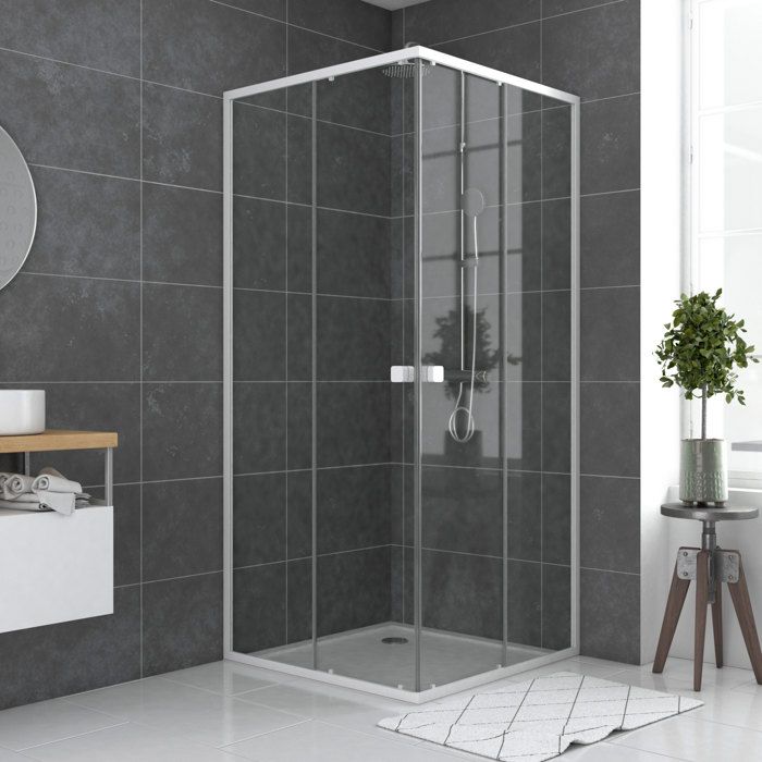 Porte de douche angle Spot carrée extensible 80 à 90cm AURLANE - Verre trempé transparent - Profilés métal blanc