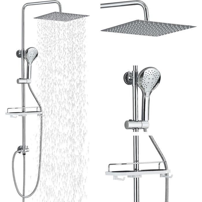 Système de douche Barre de douche carrée en acier inoxydable 30 x 30 cm Douchette à main avec 3 types de jet Étagère chromée Montage