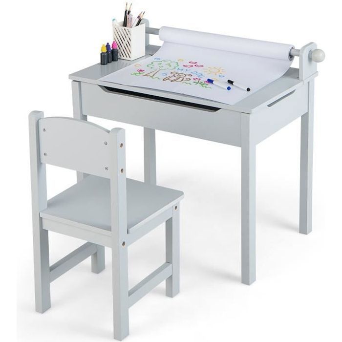 COSTWAY Bureau pour Enfants avec Chaise Rouleau de Papier Plateau Rabattable (Rangement Caché)en Bois pour 3+ Ans Gris