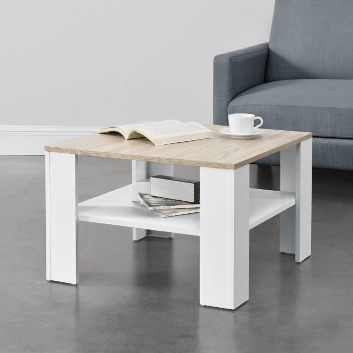 Table Basse De Salon Aachen 60 x 60 x 40 cm Blanc et Effet Chêne [en.casa]