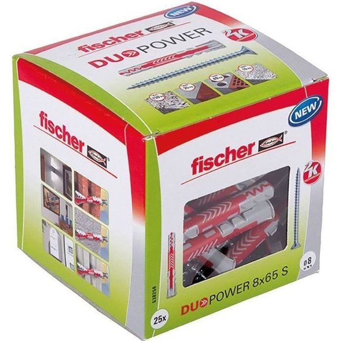 FISCHER - Cheville tous matériaux DuoPower 8x65 mm avec vis - Boîte de 25