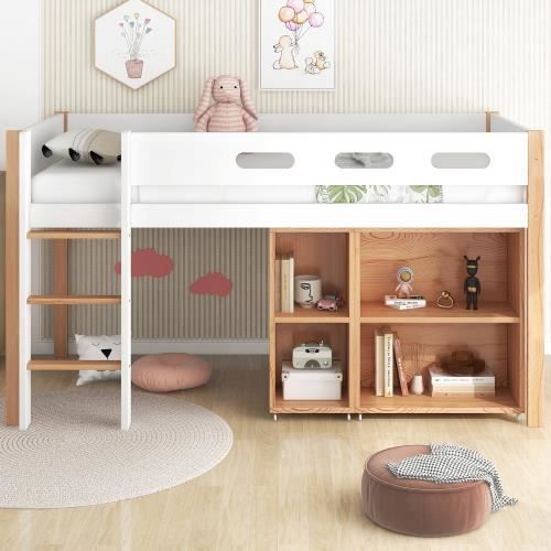 lit superposé enfant 90x200 cm avec espace de rangement et armoire mobile, lit mezzanine avec protection antichute, naturel+blanc