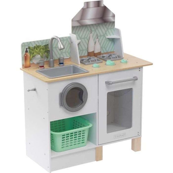 KidKraft - Cuisine en bois pour enfant Whisk & Wash, avec sa machine à laver et son panier à linges inclus - EZ Kraft