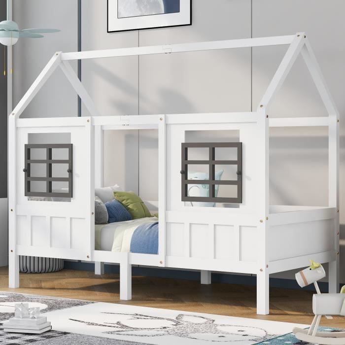 lit cabane enfant 90 x 200 cm avec 2 fenêtres, sommier et barrièrres inlcus, cadre en pin, mdf, style scandinave, couleur blanche