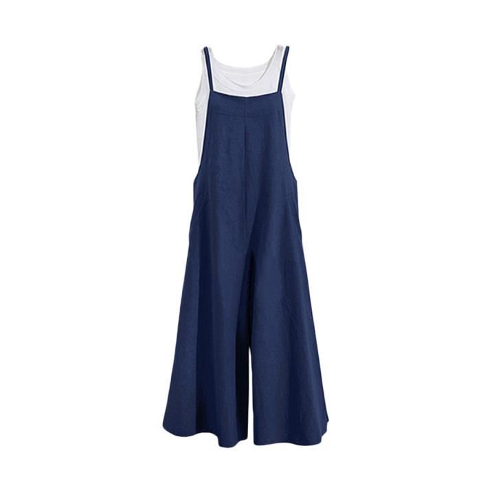 Salopette Femme été En Lin Coton - Style Rétro Jambe Large - Sans Manches - Poches - Taille S à 5XL