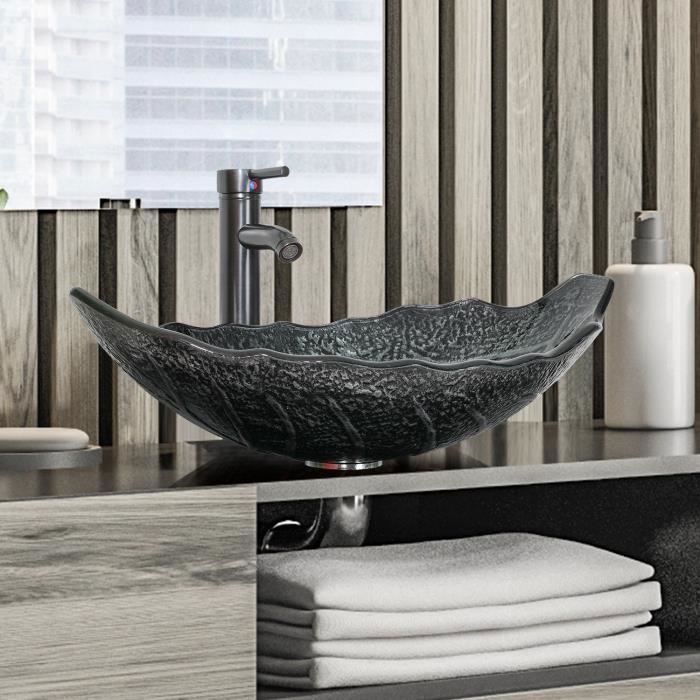 Lavabo Vasque à Poser avec Robinetterie - Verre Trempé - Forme Feuilles - Gris - 62x42x21cm