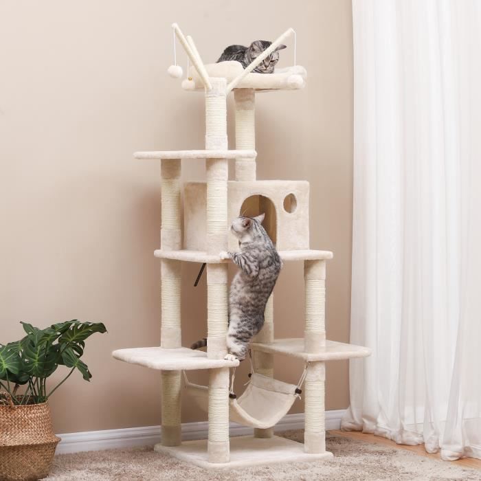 Arbre A Chat 154 Cm Griffoir Niche Jouet Platforme Et Hamac Colonnes En Sisal Beige Feandrea Cdiscount Animalerie