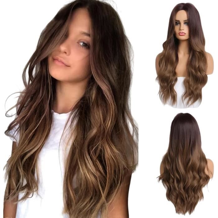 Perruque Synthétique Longue Ondulée Brune Dorée Avec Frange + Bonnet Taille Moyen