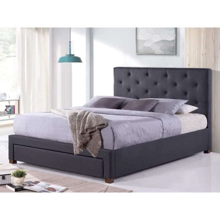 lit avec tiroir et tête de lit capitonnée agostino - tissu - 140x190 cm - gris