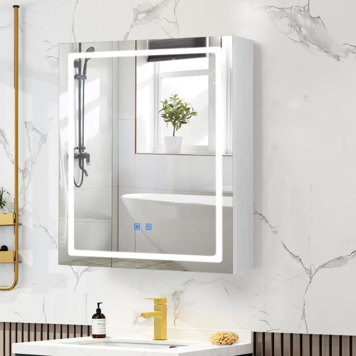 miroir de salle de bain led - armoire de toilette avec anti-buée - étagères réglables - 50 x 60 x 15 cm