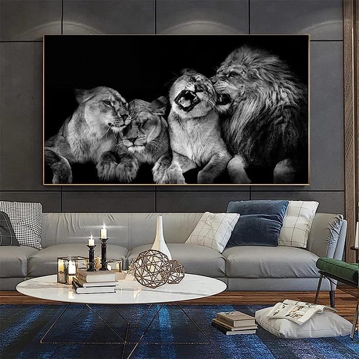 Tableau Mural 5 Parties "Les Lions Amour" - Impression Sur Toile, Design Noir Et Blanc, Pour Salon Ou Chambre