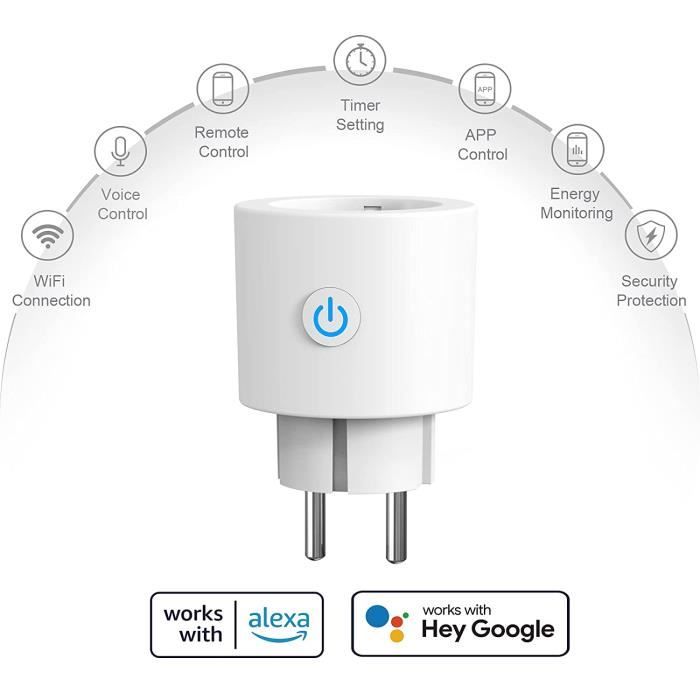 ANTELA Prise Connectée WiFi, Prise Intelligente Compatible avec Alexa,  Google Home, Contrôle à Distance, Contrôle Vocal, Fonction de Temps et  Mesure de Consommation Électrique, 2PCs