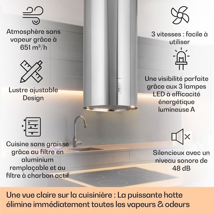 Hotte Tiroir Extra Plate KLARSTEIN Vinea - 610 M³/h, 2 Filtres à Graisses, Noire - Parfaite Pour Petites Cuisines