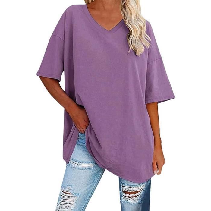 Femme T Shirt a Manches Courtes Col V Top d ete Oversize Basique Coupe Ample Tee Casual Sport T Shirt Long Femme Violet Violet Cdiscount Pret a Porter