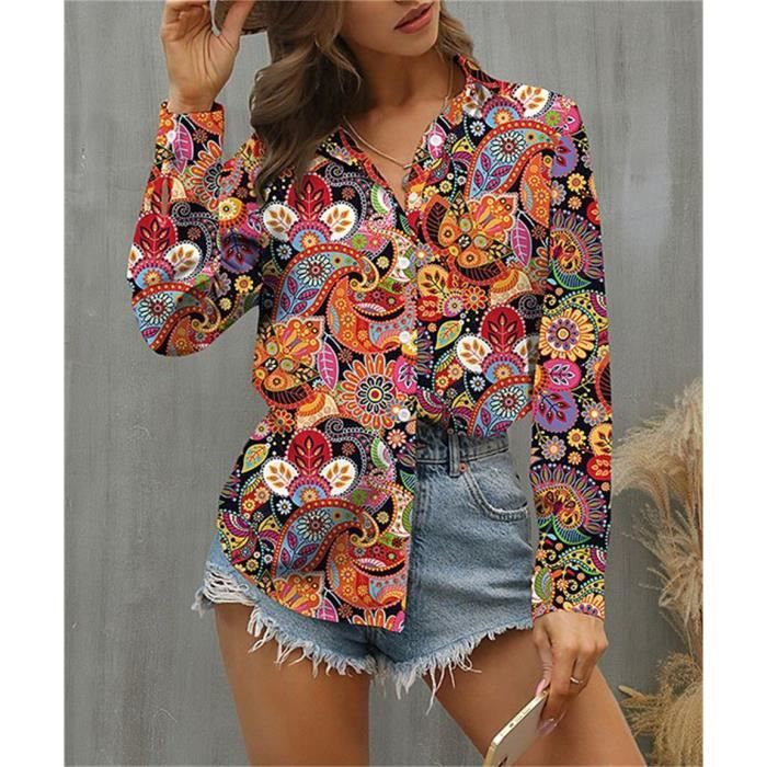 Chemise Chemisier imprime decontracte a manches longues pour femme chemise ample elegante haut de week end BLEU CIEL B Blanc Cdiscount Pret a Porter