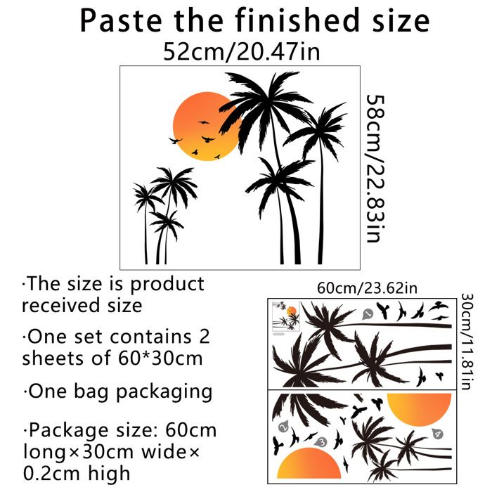 Adesivi Da Parete Stickers Muraux Palmier Noir Oiseaux - Déco Tropicale Pour Salon Chambre Autocollant Mural Tropical