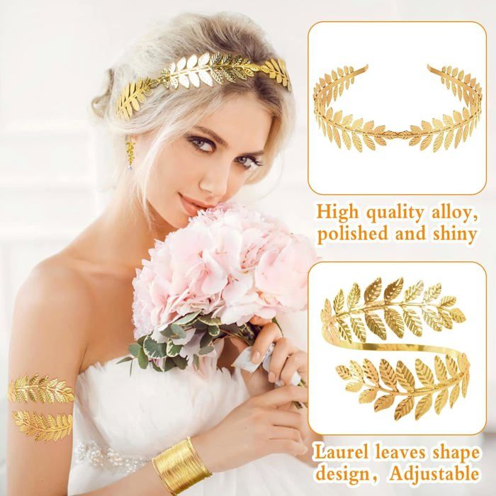Ensemble 8 Accessoires Déesse Grecque Dorés – Bandeau Feuilles, Bracelets, Boucles & Peignes