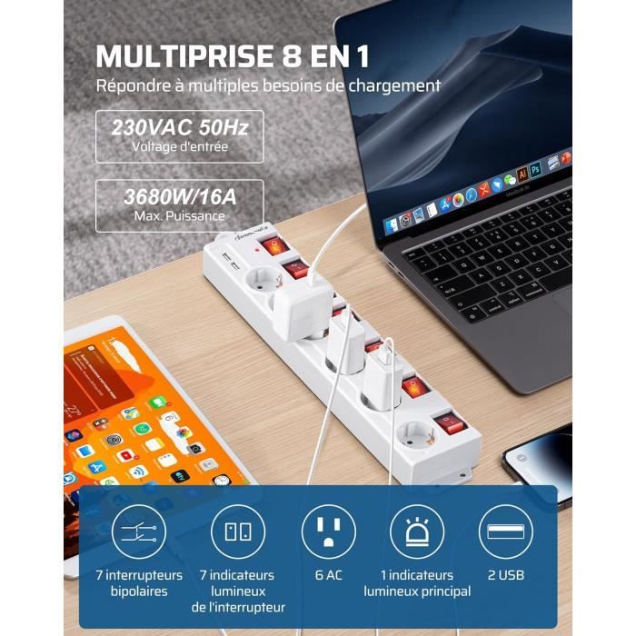 Multiprise avec 6 Prises & 2 USB & 7 Interrupteurs Individuel, 3680W ...