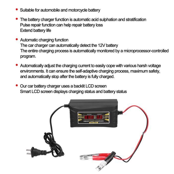 Fdit Désulfateur de batterie Chargeur de batterie 12V 6A Écran LCD  intelligent Automatique pour Voiture Moto Prise US 110V‑240V - Cdiscount  Auto