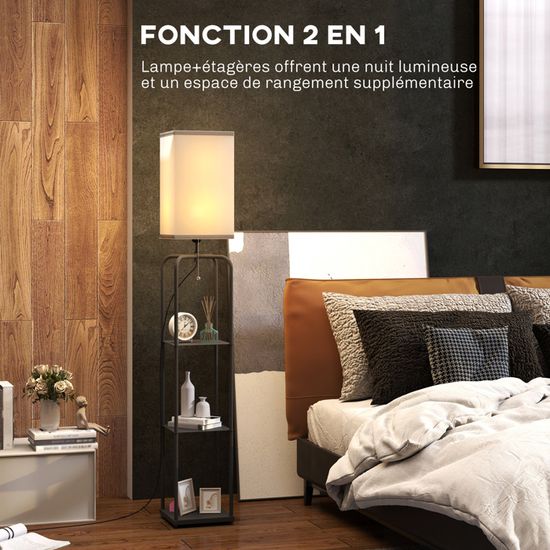 Lampadaire Avec étagères HOMCOM - Dimmable LED, Télécommande, 5 Plateaux - Brun Rustique, 171 Cm