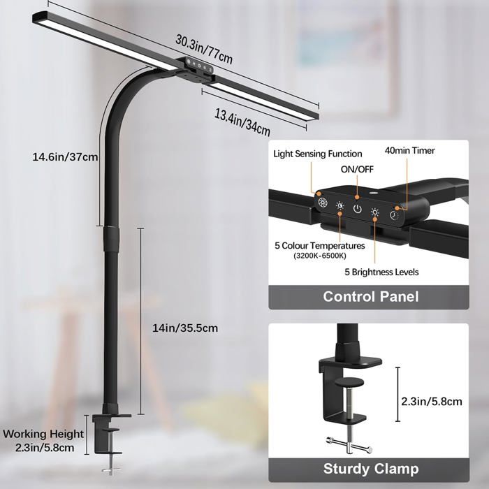Lampe De Bureau LED 3000 Lumens, 3 Bras Lumineux, 120 Cm Réglable, Tactile Et Dimmable (36W)