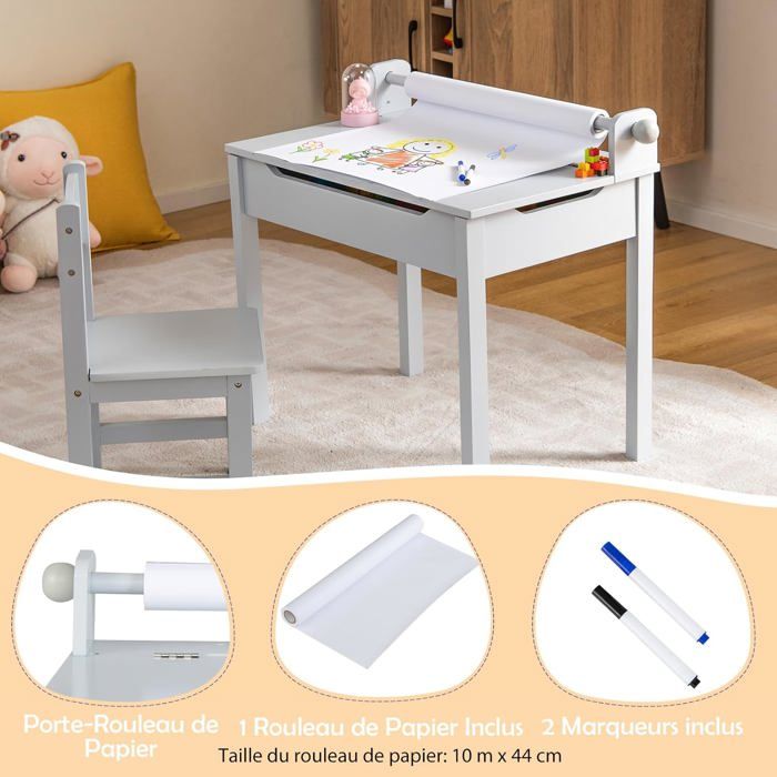 Table Enfant Avec Chaise + Porte-Rouleau Papier + Plateau Pliable – Blanc – Activité Créative Table Avec Plateau Rabattable