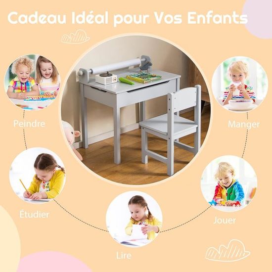 COSTWAY Bureau Pour Enfants Avec Chaise, Rouleau De Papier, Plateau Rabattable(Rangement Caché
