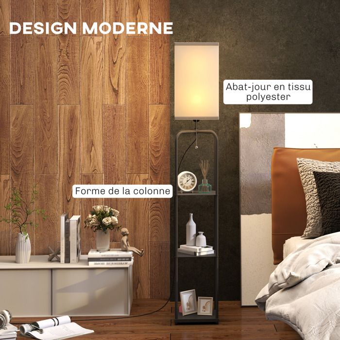 Lampadaire Sur Pied Salon - HOMCOM - étagères - Abat-jour En Tissu - Interrupteur à Chaînette - Pour Salon, Chambre à Coucher - Maison