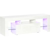 Meuble TV LED style contemporain - HOMCOM - grand tiroir, niche, 2 étagères verre - blanc laqué