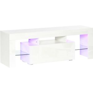 MEUBLE TV Meuble TV LED style contemporain - HOMCOM - grand tiroir, niche, 2 étagères verre - blanc laqué