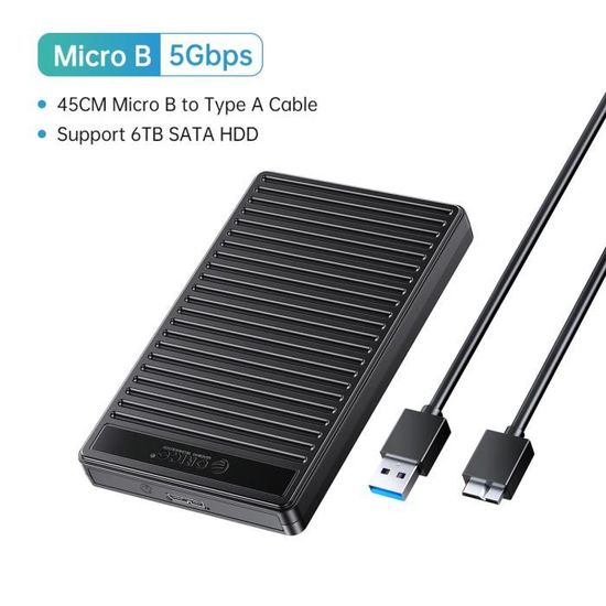 Boîtier Externe Disque Dur ORICO 2.5" - USB 3.1 Vers SATA - Support Jusqu'à 6TB - Design Rétro Bande - Noir