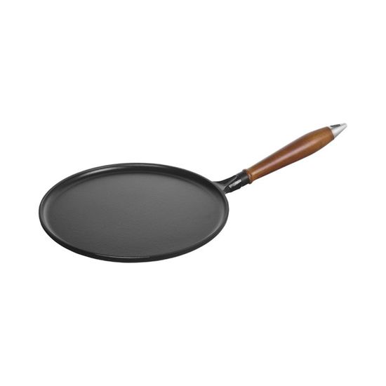 Poêle à Crêpes Staub Noir Manche Bois 28 cm - Fonte - Tous feux dont induction