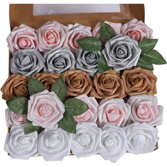 AmyHomie Lot De 25 Roses Artificielles Avec Tige Pour Bouquets De Mariage, Centres De Table, Arrangements De Fête, Fête Prénatale, Décoration D' Intérieur
