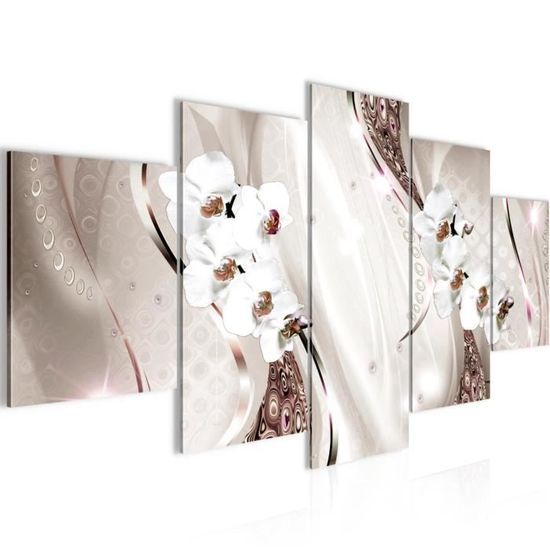 Tableau Fleurs Orchidée Runa Art - 5 Parties 200x100 Cm - Décoration Murale Gris Rose - Papier Intissé 110 G/m²