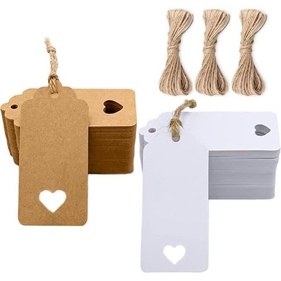 Étiquettes Cadeau Kraft JijAcraft - 50 Pièces 9,5x4,5cm + Ficelle Jute - Cœur Découpé - Pour Mariage, Noël