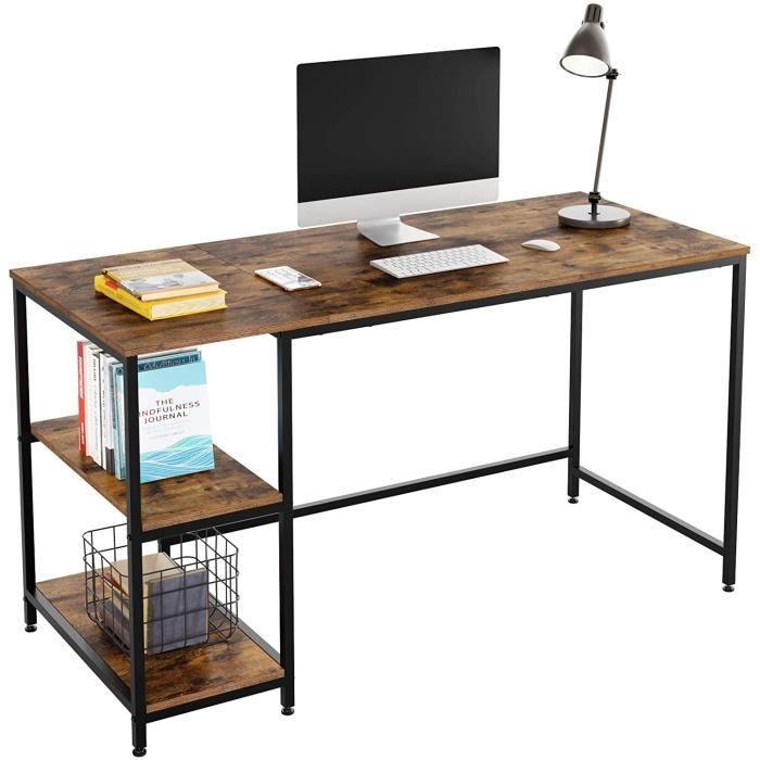 Table d’ordinateur avec étagères table de travail en bois métal vintage noir design industriel 140x60x76cm