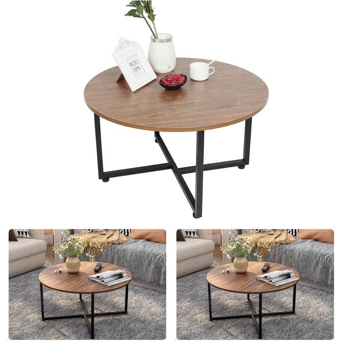Table Basse, Ronde En Bois et Métal, Style Industrielle, 70*70*40 cm