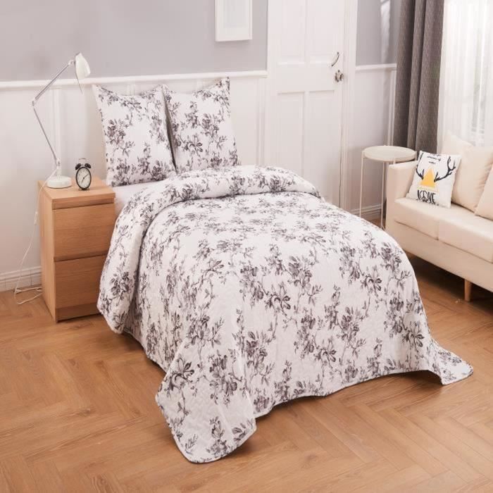 Couvre-lit Boutis – Lit 2 Places – 3 pièces (220x240cm) – Fleur Taupe