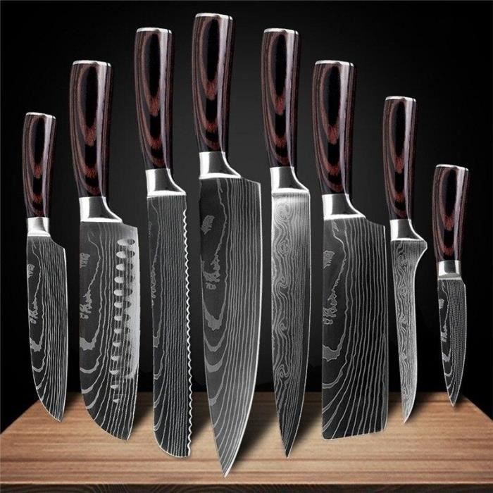 Couteaux de cuisine en acier inoxydable Laser damas motif couteau de Chef tranchant tranchage couteaux utilitaires outil