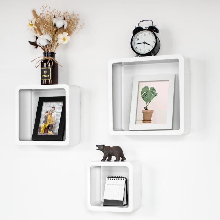 Ezigoo Lot de 3 etagères murales Cube Blanc. Etagères flottantes Cube pour Le Stockage de Livres, Films, CD