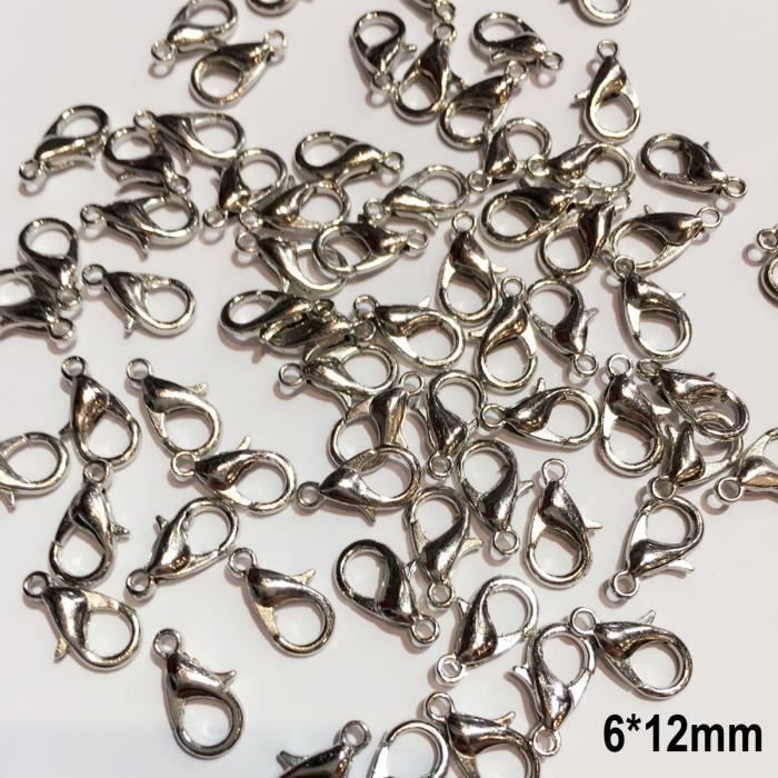 Lot de 50 Fermoirs mousqueton métal argenté qualité pour création de collier et bracelet taille au choix - 6*12mm