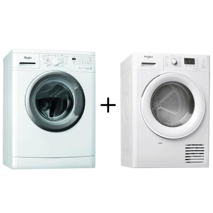 WHIRLPOOL - AWOD2928.1 - Machine à laver frontale - 9 kg + WHIRLPOOL - FTM1081FR - Sèche linge - 8 Kg - A+ - Blanc