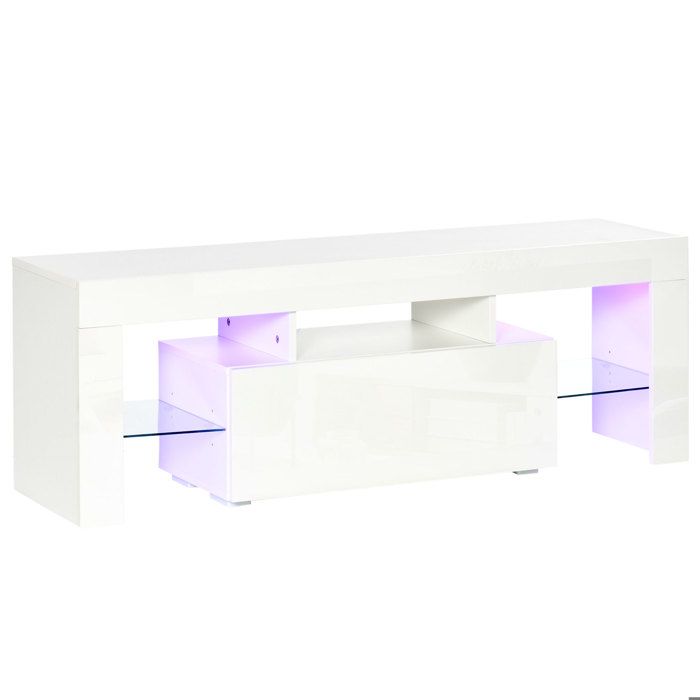 Meuble TV LED style contemporain - grand tiroir, niche, 2 étagères verre - panneaux particules MDF blanc laqué 130x35x45cm Blanc