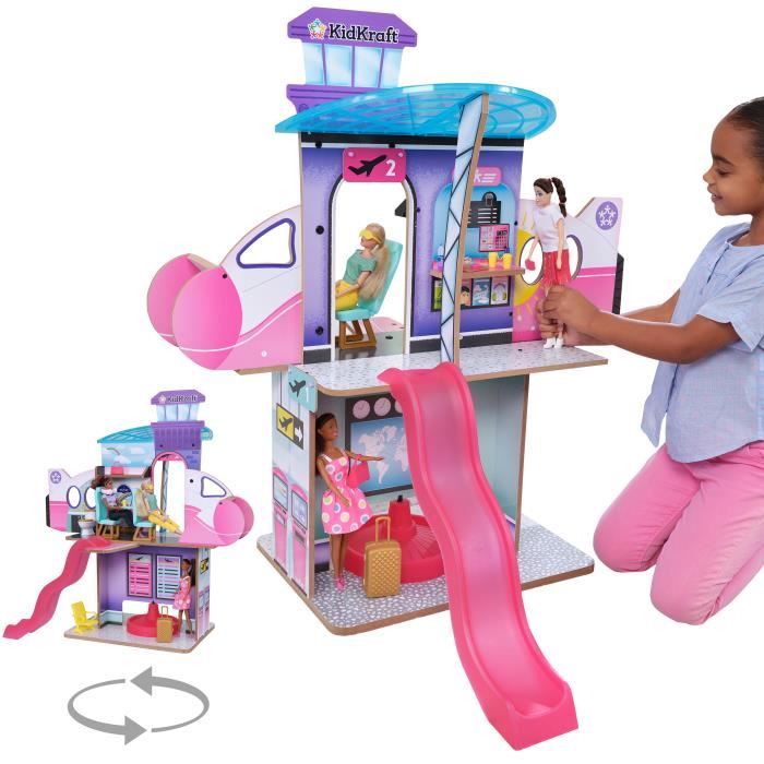 KIDKRAFT - Maison de poupée aéroport en bois avec accessoires et jeu à 360°