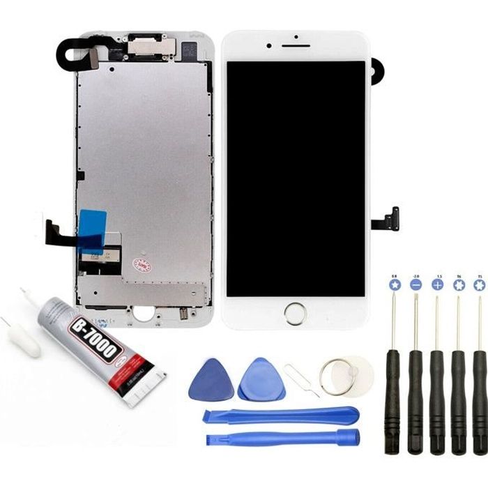 Ecran Complet: Vitre tactile + Ecran LCD avec nappes et bouton home pour IPhone 7 Blanc + Kit outils + Colle B7000 Offerte