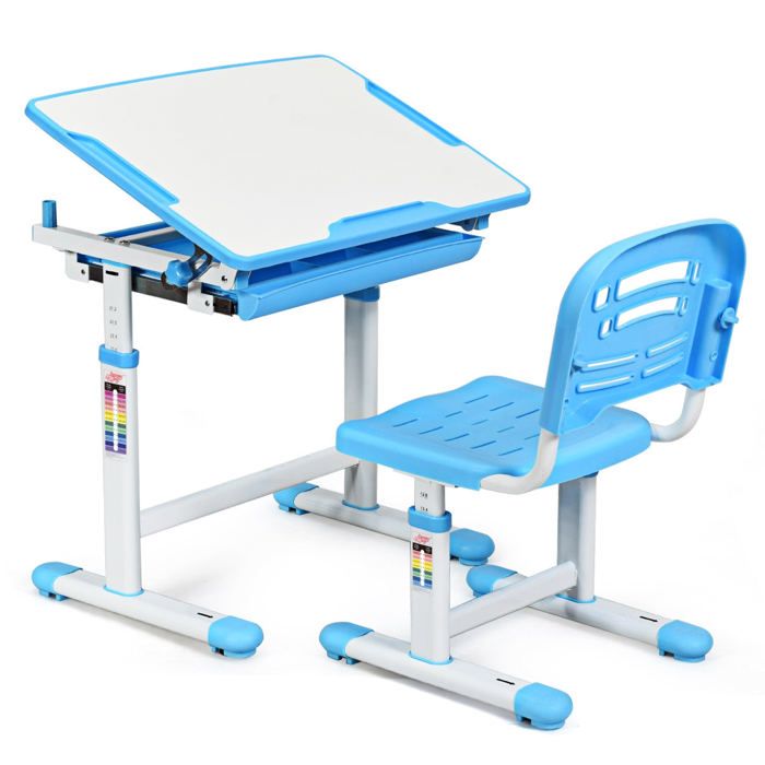 Ensemble table et chaise pour enfant réglable en hauteur avec tiroir inclinable en MDF + PP facile à nettoyer bleu 20_0008531