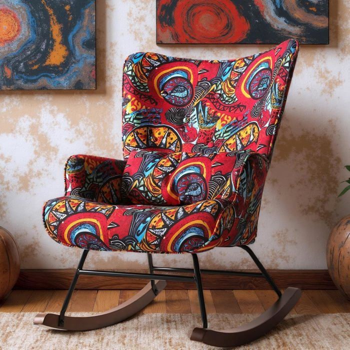 Fauteuil à bascule Fauteuil à bascule floral avec cadre métallique et base en bois Fauteuil oscillant Relaxchair Fauteuil rétro