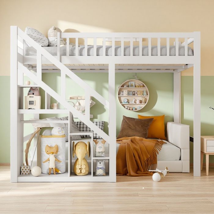 Lit Superposé 3 Places Enfant 90x200 - Bois Massif Avec Barrière - Escalier Intégré - Blanc